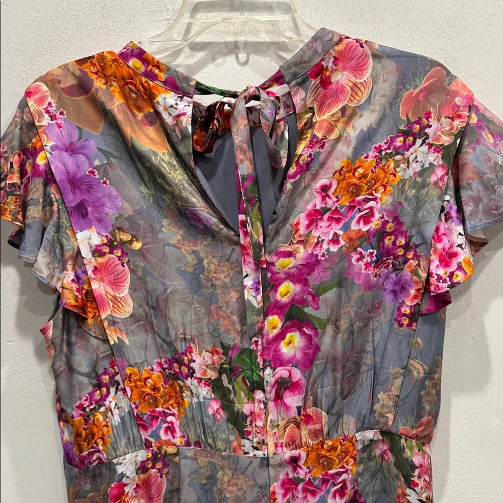 AllSaints Jemille Lucia Silk-Blend Mini Dress size 10 floral high neck sexy - Picture 9 of 12